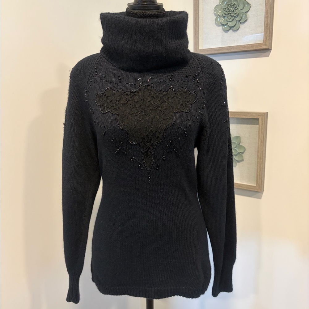 Vintage Silk/Angora Black Beaded Lace 80’s Turtleneck Sweater VGUC